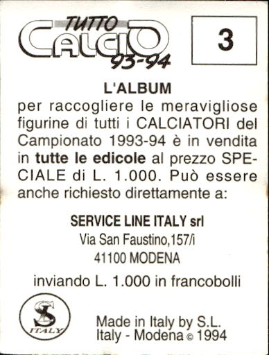 figurina ''Menù a Tendina'' calciatori 1993 Sl Service Line 1/3 - Picture 7 of 495