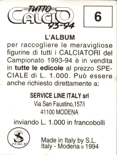 figurina ''Menù a Tendina'' calciatori 1993 Sl Service Line 1/3 - Picture 13 of 495