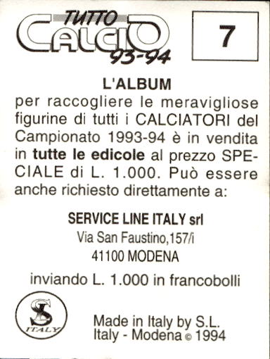 figurina ''Menù a Tendina'' calciatori 1993 Sl Service Line 1/3 - Picture 15 of 495