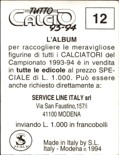 figurina ''Menù a Tendina'' calciatori 1993 Sl Service Line 1/3 - Picture 25 of 495