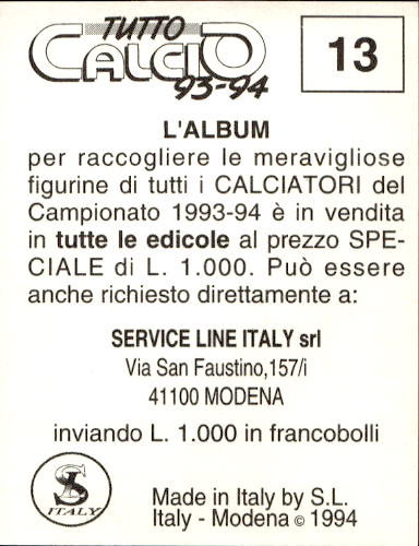 figurina ''Menù a Tendina'' calciatori 1993 Sl Service Line 1/3 - Picture 27 of 495