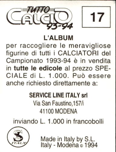 figurina ''Menù a Tendina'' calciatori 1993 Sl Service Line 1/3 - Picture 35 of 495