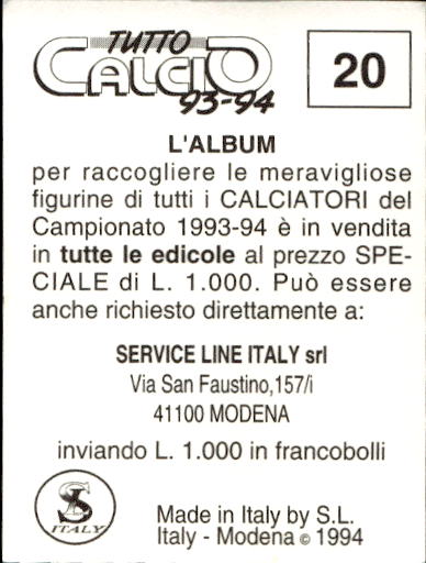 figurina ''Menù a Tendina'' calciatori 1993 Sl Service Line 1/3 - Picture 41 of 495