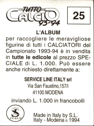 figurina ''Menù a Tendina'' calciatori 1993 Sl Service Line 1/3 - Picture 51 of 495