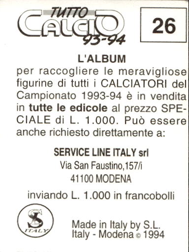 figurina ''Menù a Tendina'' calciatori 1993 Sl Service Line 1/3 - Picture 53 of 495