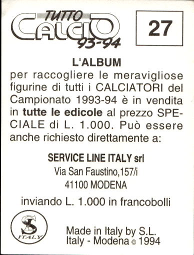 figurina ''Menù a Tendina'' calciatori 1993 Sl Service Line 1/3 - Picture 55 of 495