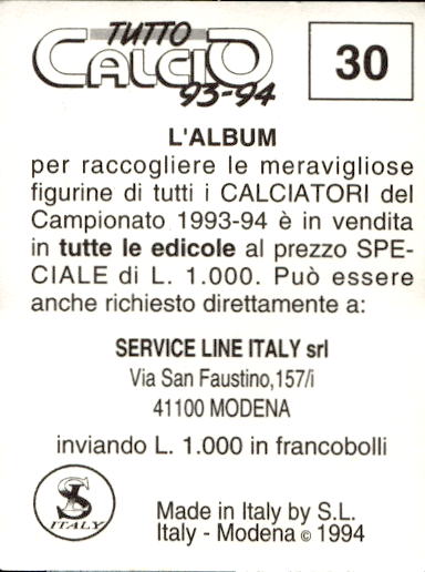 figurina ''Menù a Tendina'' calciatori 1993 Sl Service Line 1/3 - Picture 61 of 495