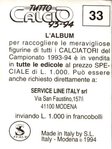 figurina ''Menù a Tendina'' calciatori 1993 Sl Service Line 1/3 - Picture 67 of 495
