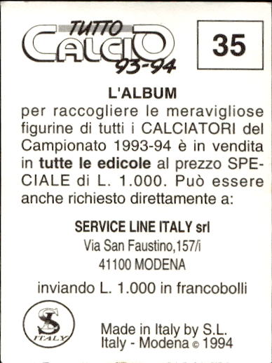 figurina ''Menù a Tendina'' calciatori 1993 Sl Service Line 1/3 - Picture 71 of 495