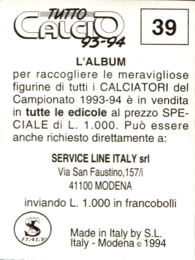figurina ''Menù a Tendina'' calciatori 1993 Sl Service Line 1/3 - Picture 79 of 495