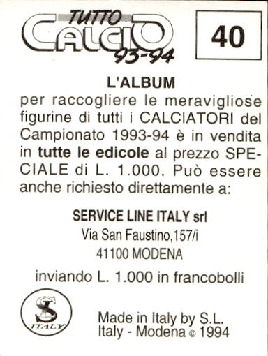 figurina ''Menù a Tendina'' calciatori 1993 Sl Service Line 1/3 - Picture 81 of 495
