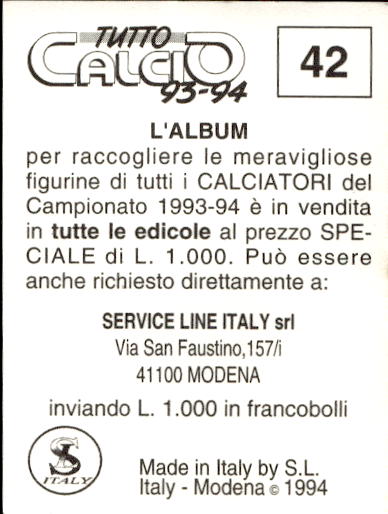 figurina ''Menù a Tendina'' calciatori 1993 Sl Service Line 1/3 - Picture 85 of 495