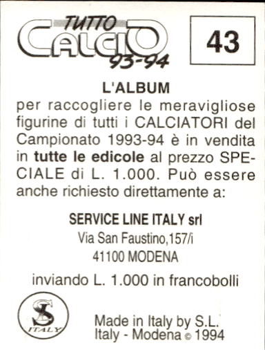 figurina ''Menù a Tendina'' calciatori 1993 Sl Service Line 1/3 - Picture 87 of 495