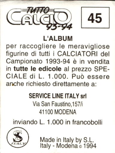 figurina ''Menù a Tendina'' calciatori 1993 Sl Service Line 1/3 - Picture 91 of 495