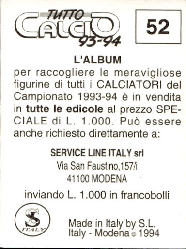 figurina ''Menù a Tendina'' calciatori 1993 Sl Service Line 1/3 - Picture 105 of 495