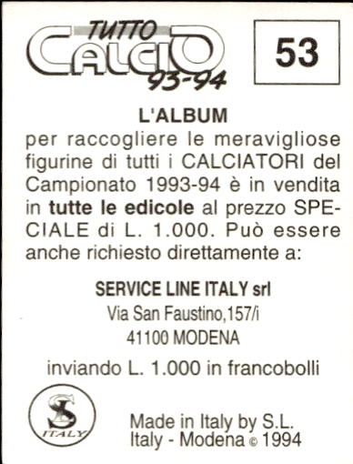 figurina ''Menù a Tendina'' calciatori 1993 Sl Service Line 1/3 - Picture 107 of 495