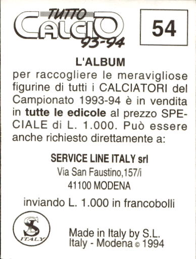 figurina ''Menù a Tendina'' calciatori 1993 Sl Service Line 1/3 - Picture 109 of 495