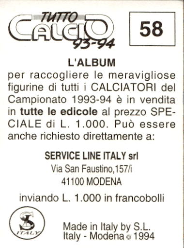 figurina ''Menù a Tendina'' calciatori 1993 Sl Service Line 1/3 - Picture 117 of 495