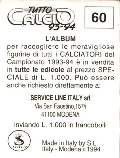 figurina ''Menù a Tendina'' calciatori 1993 Sl Service Line 1/3 - Picture 121 of 495