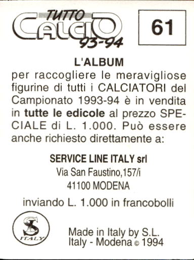 figurina ''Menù a Tendina'' calciatori 1993 Sl Service Line 1/3 - Picture 123 of 495