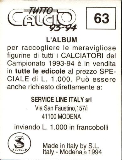figurina ''Menù a Tendina'' calciatori 1993 Sl Service Line 1/3 - Picture 127 of 495