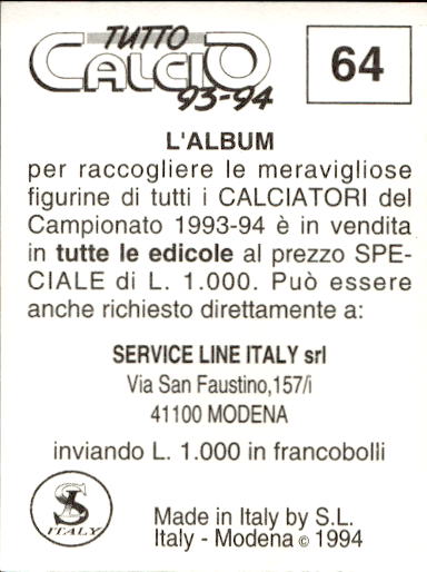 figurina ''Menù a Tendina'' calciatori 1993 Sl Service Line 1/3 - Picture 129 of 495