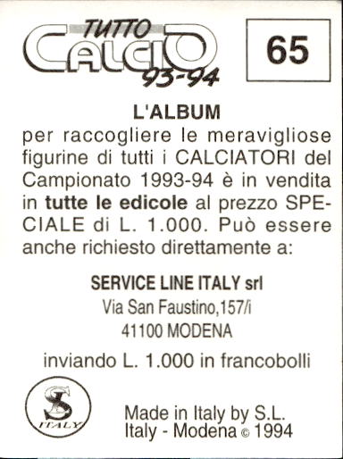 figurina ''Menù a Tendina'' calciatori 1993 Sl Service Line 1/3 - Picture 131 of 495