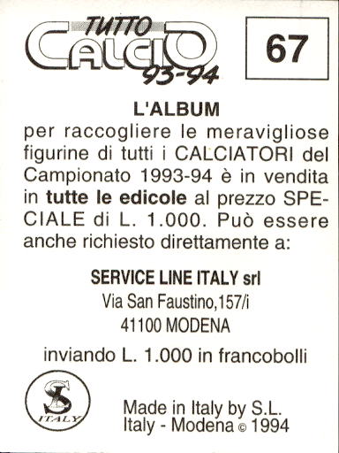 figurina ''Menù a Tendina'' calciatori 1993 Sl Service Line 1/3 - Picture 135 of 495