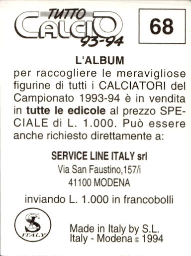 figurina ''Menù a Tendina'' calciatori 1993 Sl Service Line 1/3 - Picture 137 of 495