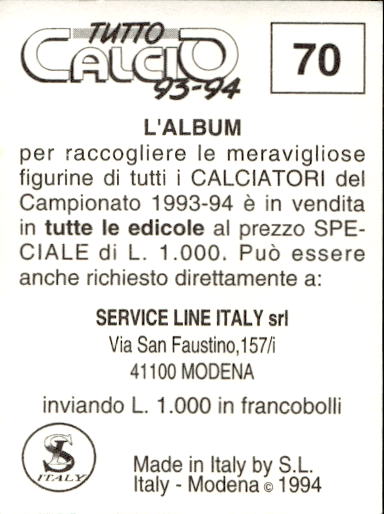 figurina ''Menù a Tendina'' calciatori 1993 Sl Service Line 1/3 - Picture 141 of 495