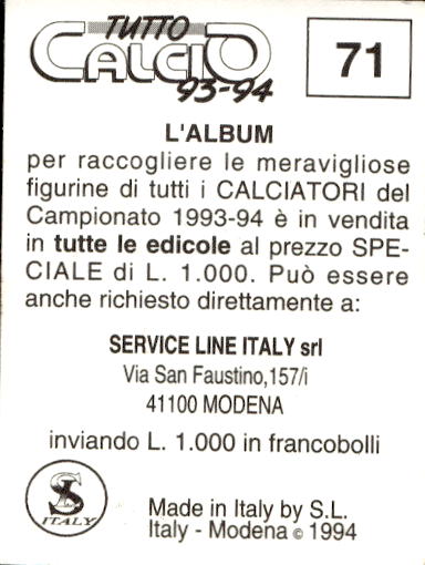figurina ''Menù a Tendina'' calciatori 1993 Sl Service Line 1/3 - Picture 143 of 495