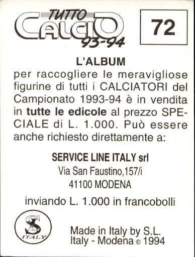 figurina ''Menù a Tendina'' calciatori 1993 Sl Service Line 1/3 - Picture 145 of 495