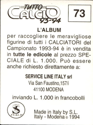 figurina ''Menù a Tendina'' calciatori 1993 Sl Service Line 1/3 - Picture 147 of 495