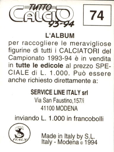 figurina ''Menù a Tendina'' calciatori 1993 Sl Service Line 1/3 - Picture 149 of 495