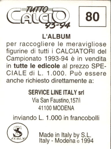 figurina ''Menù a Tendina'' calciatori 1993 Sl Service Line 1/3 - Picture 161 of 495