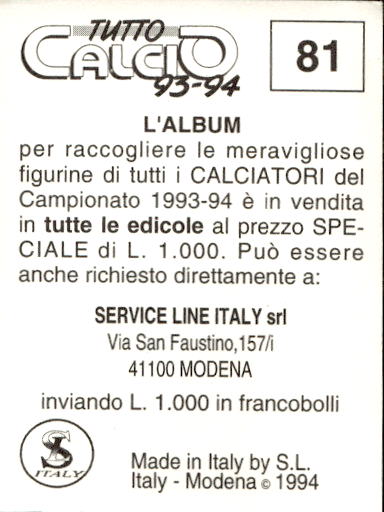 figurina ''Menù a Tendina'' calciatori 1993 Sl Service Line 1/3 - Picture 163 of 495
