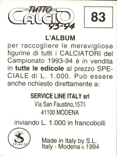 figurina ''Menù a Tendina'' calciatori 1993 Sl Service Line 1/3 - Picture 167 of 495
