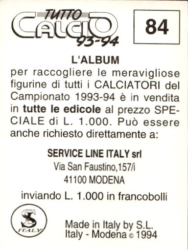 figurina ''Menù a Tendina'' calciatori 1993 Sl Service Line 1/3 - Picture 169 of 495