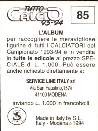 figurina ''Menù a Tendina'' calciatori 1993 Sl Service Line 1/3 - Picture 171 of 495