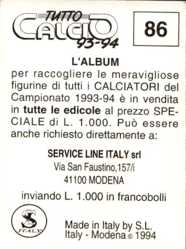 figurina ''Menù a Tendina'' calciatori 1993 Sl Service Line 1/3 - Picture 173 of 495