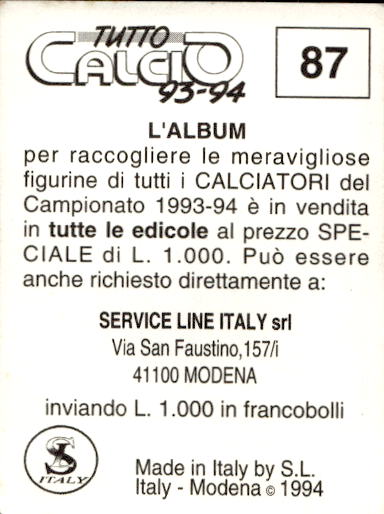 figurina ''Menù a Tendina'' calciatori 1993 Sl Service Line 1/3 - Picture 175 of 495