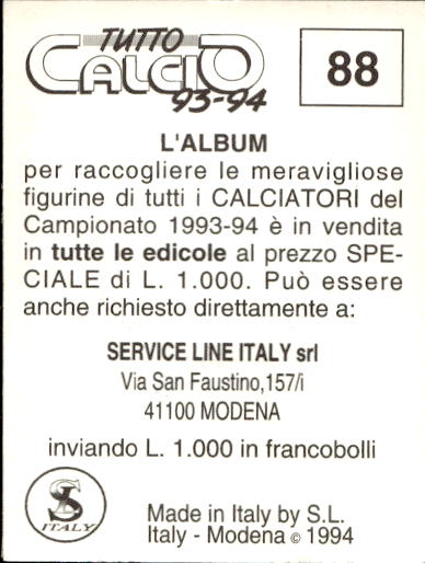 figurina ''Menù a Tendina'' calciatori 1993 Sl Service Line 1/3 - Picture 177 of 495