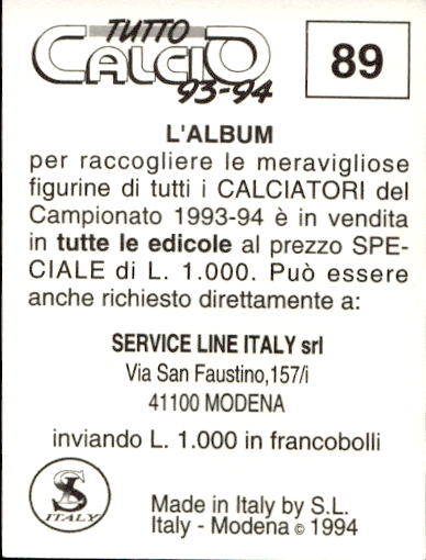 figurina ''Menù a Tendina'' calciatori 1993 Sl Service Line 1/3 - Picture 179 of 495