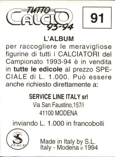 figurina ''Menù a Tendina'' calciatori 1993 Sl Service Line 1/3 - Picture 183 of 495