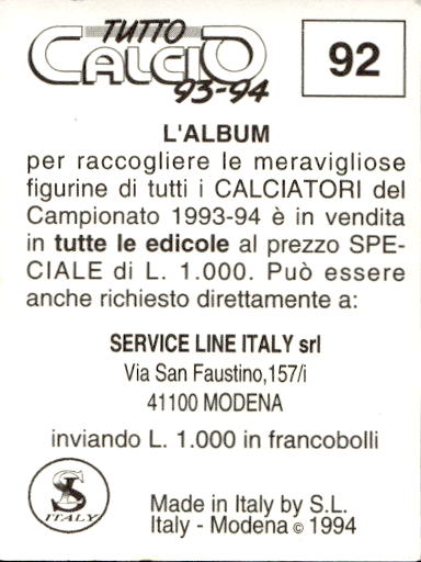 figurina ''Menù a Tendina'' calciatori 1993 Sl Service Line 1/3 - Picture 185 of 495
