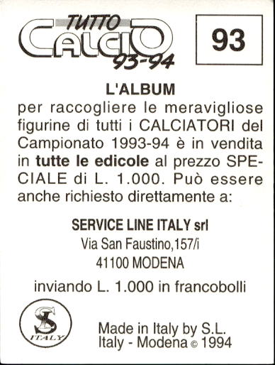 figurina ''Menù a Tendina'' calciatori 1993 Sl Service Line 1/3 - Picture 187 of 495