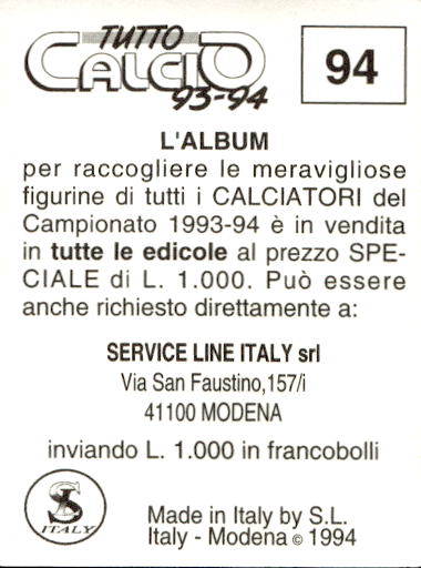 figurina ''Menù a Tendina'' calciatori 1993 Sl Service Line 1/3 - Picture 189 of 495