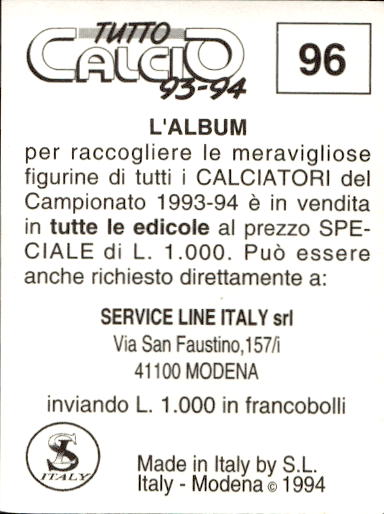 figurina ''Menù a Tendina'' calciatori 1993 Sl Service Line 1/3 - Picture 193 of 495