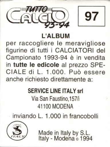 figurina ''Menù a Tendina'' calciatori 1993 Sl Service Line 1/3 - Picture 195 of 495
