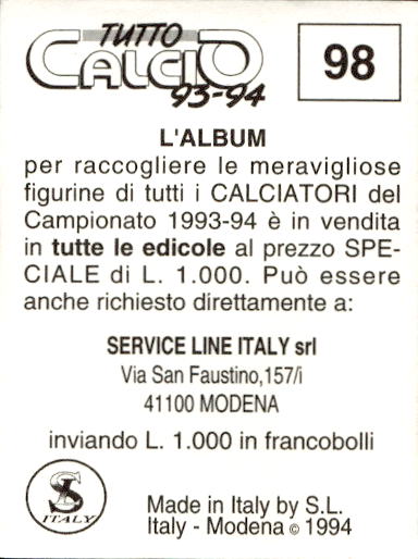figurina ''Menù a Tendina'' calciatori 1993 Sl Service Line 1/3 - Picture 197 of 495